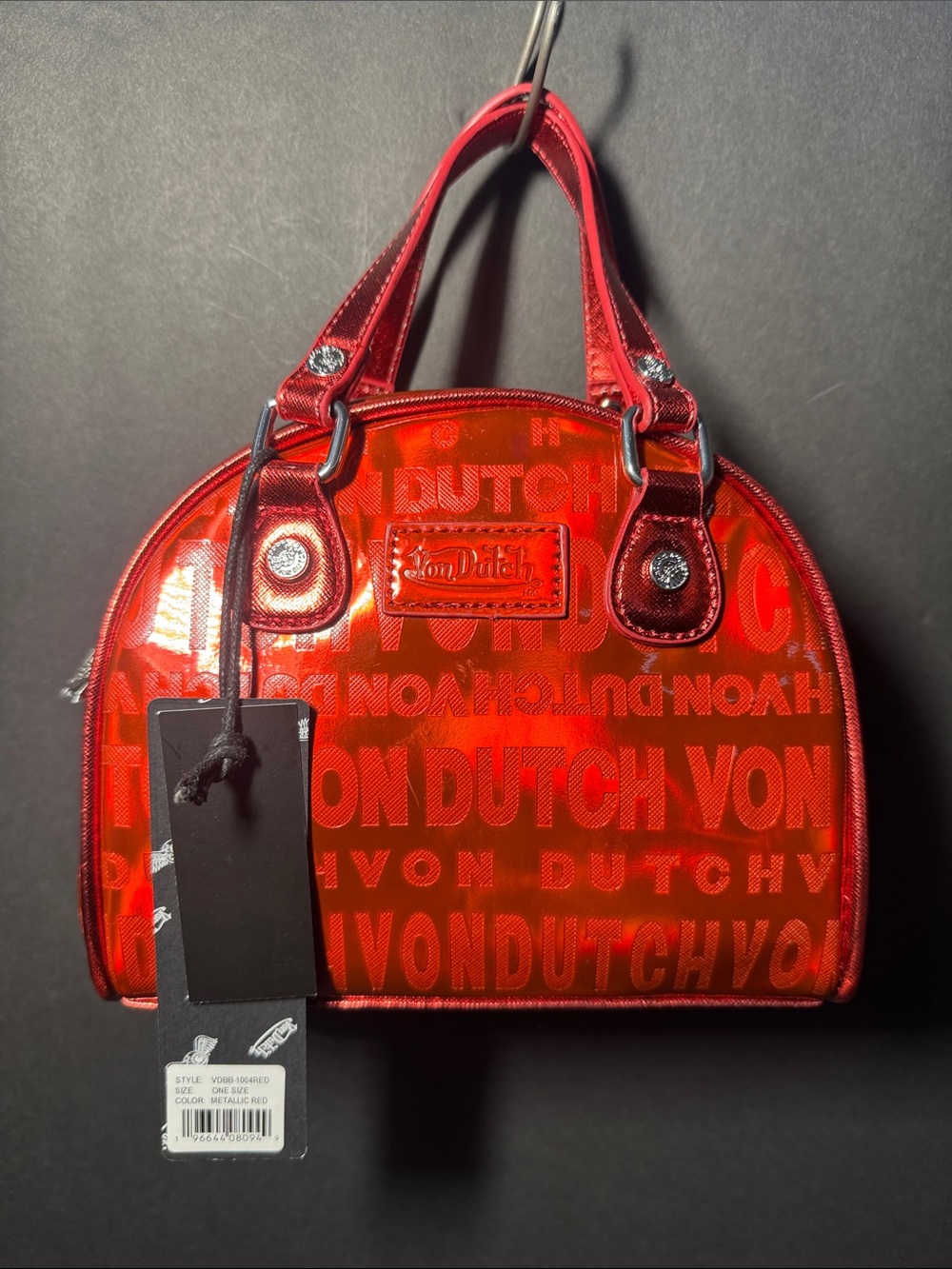 Von Dutch Metallic Red Logo Dome Mini Satchel